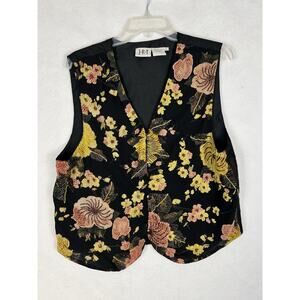 Vintage JRT Beaded Floral Vest Black Pink Yellow Sz Large